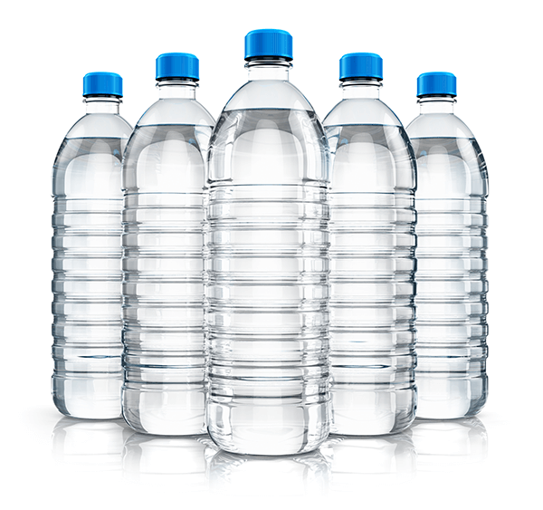 A collection of clear plastic water bottles.
